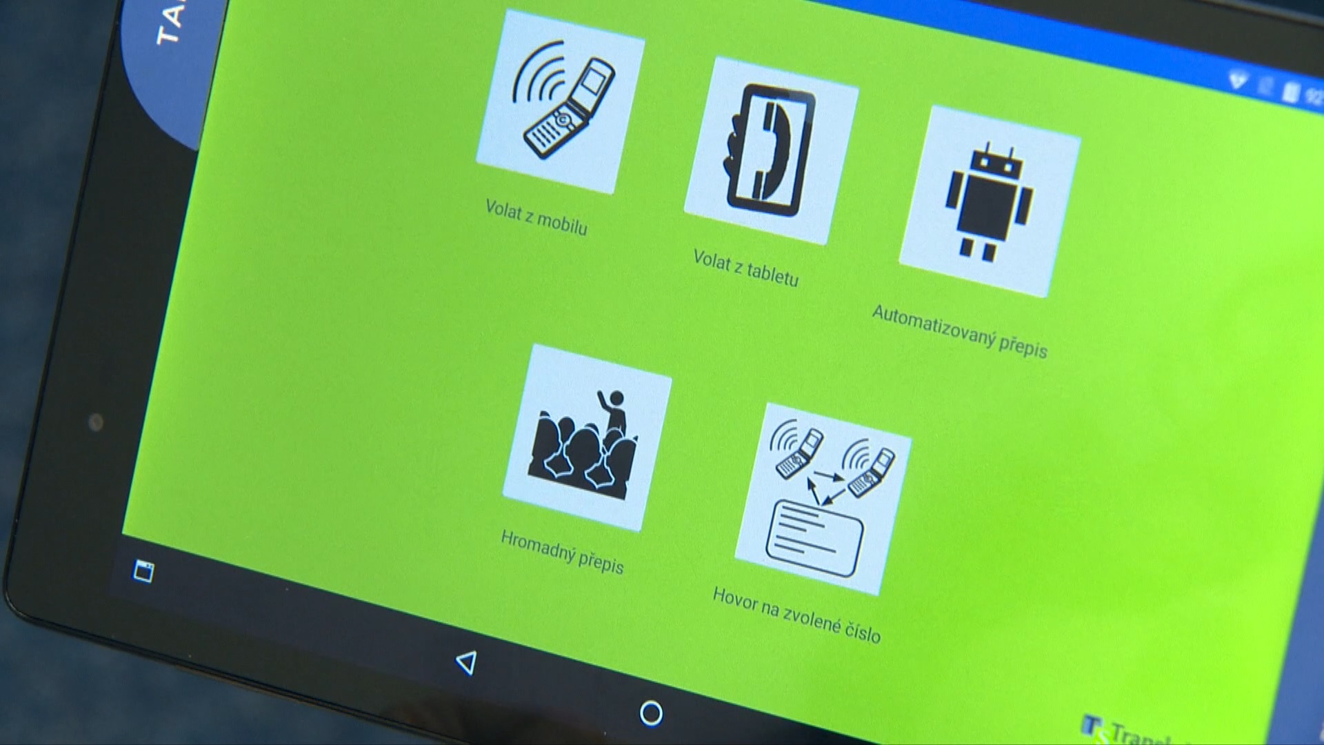 A tablet running the eScribeDroid app showing a live transcript of speech